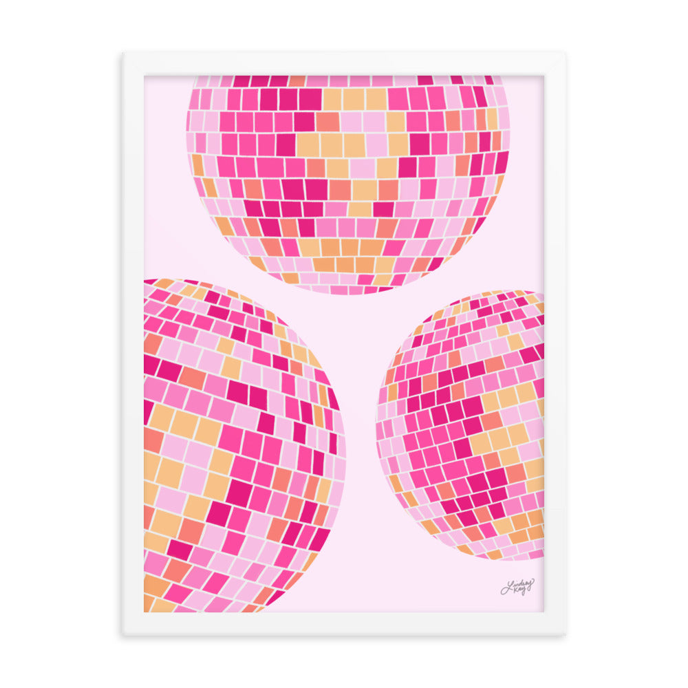 Ilustración de bolas de discoteca (paleta rosa/amarilla) - Impresión mate enmarcada